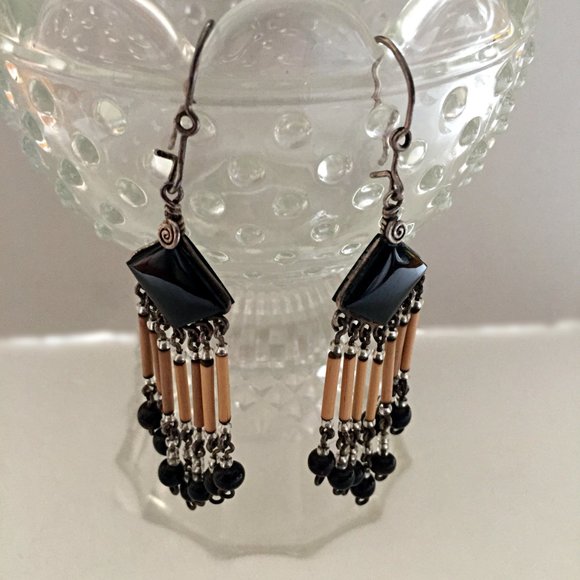 Pretty VTG BLACK ONYX & JASPER dangling earrings - Picture 2 of 5